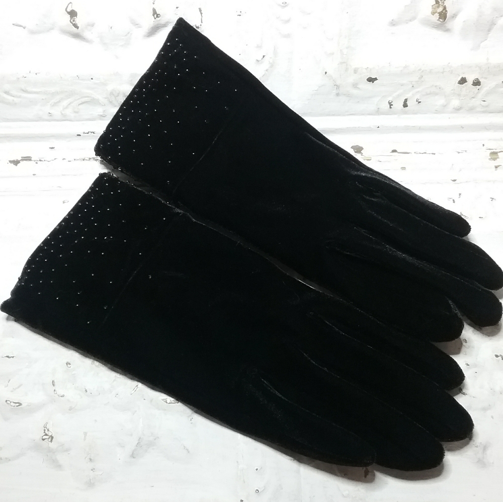 Ann Taylor Black Velvet Gloves Beaded